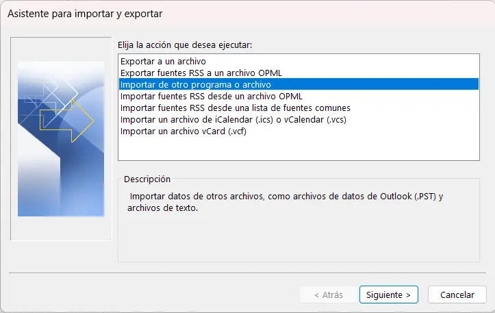 Menú de inicio del asistente para importar o exportar en Outlook 365 Imagen: Menú de inicio del asistente para importar o exportar en Outlook 365