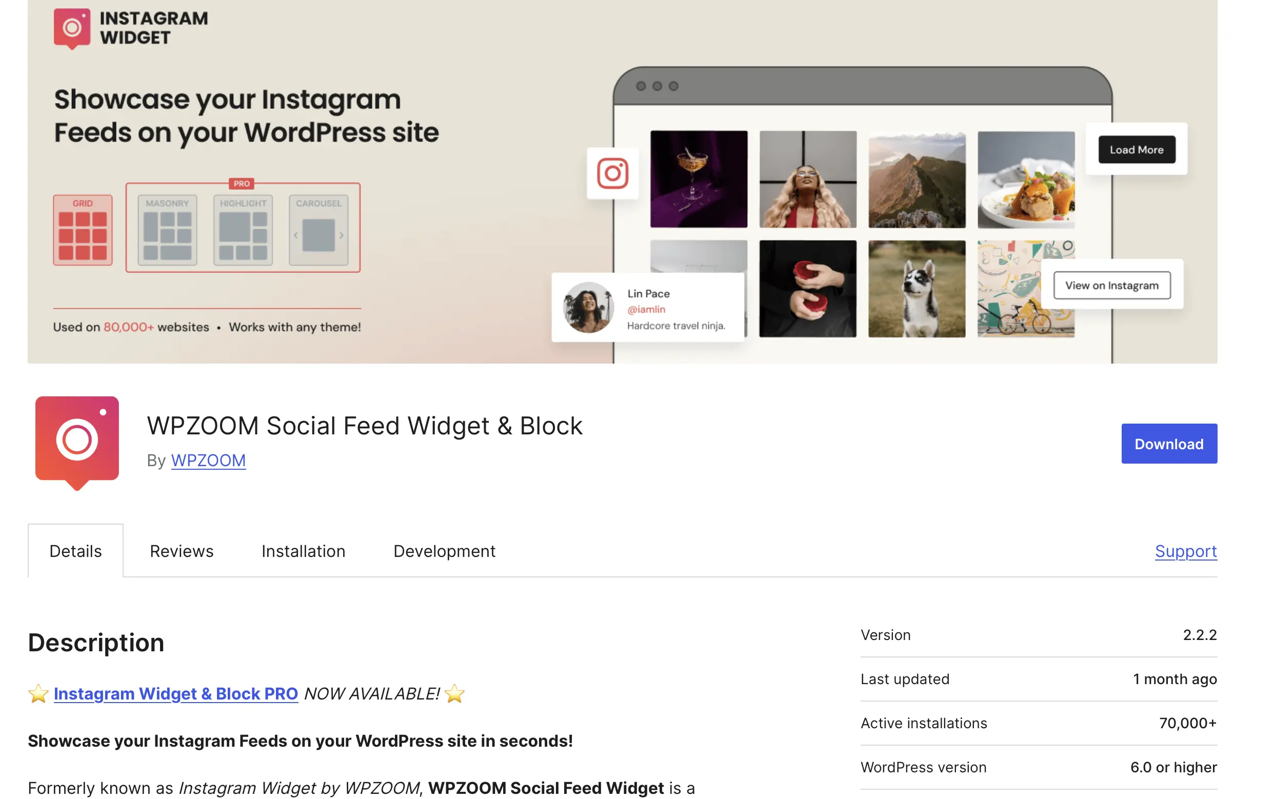 WPZOOM Social Feed Widget & Block en la tienda de plugins de WordPress Imagen: WPZOOM Social Feed Widget & Block en la tienda de plugins de WordPress