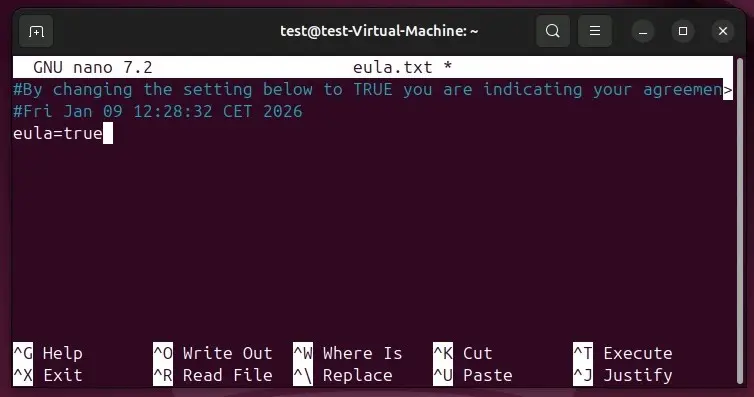 Imagen: Eula del servidor de Minecraft: confirmación en el terminal de Ubuntu