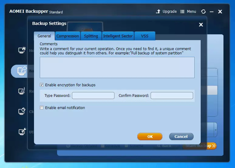 Imagen: Aomei Backupper Standard 4.0.4: menú para seleccionar una de las opciones de cifrado