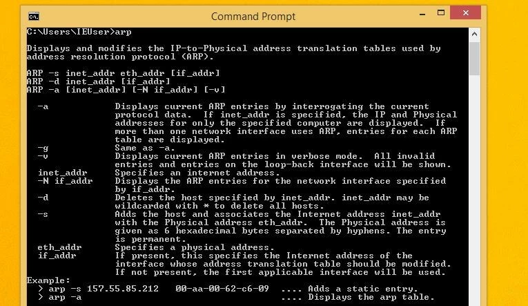 Imagen: Windows: menú de opciones de ARP en el terminal de líneas de comandos