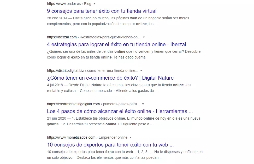 La página de resultados (SERP) para el término “como conseguir éxito online”