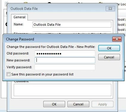 Archivo de datos de Outlook: Menú de cambio de contraseña