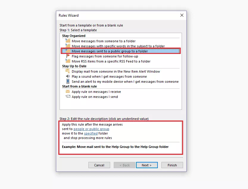 Asistente para reglas en Outlook: selección de plantilla de reglas