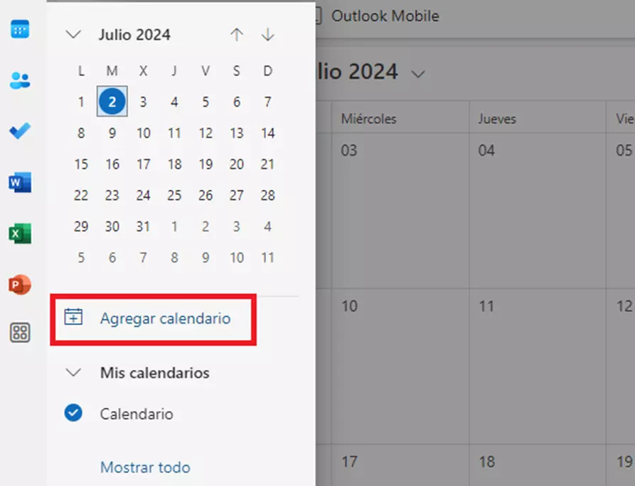 Aplicación web de Outlook: agregar calendario Aplicación web de Outlook: agregar calendario