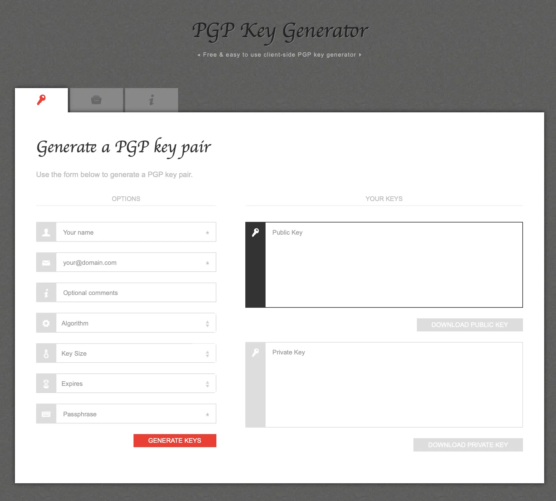 Imagen: Captura de pantalla de la página web PGP Key Generator