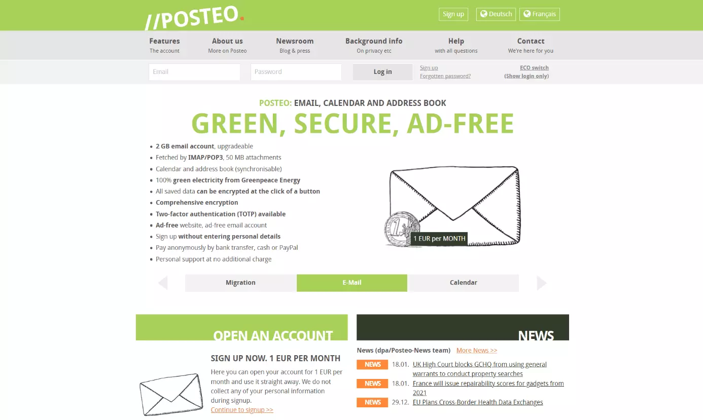 Imagen: Página de inicio de la alternativa a Gmail Posteo