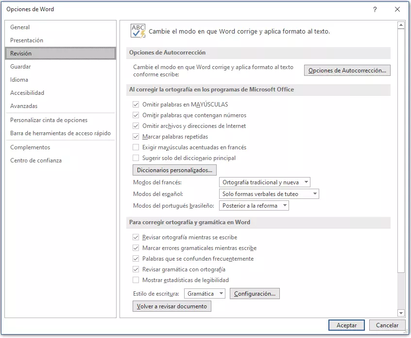 Desactivar la revisión ortográfica en Word