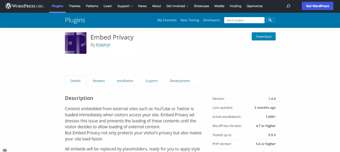 Imagen: Página de inicio del plugin Embed Privacy