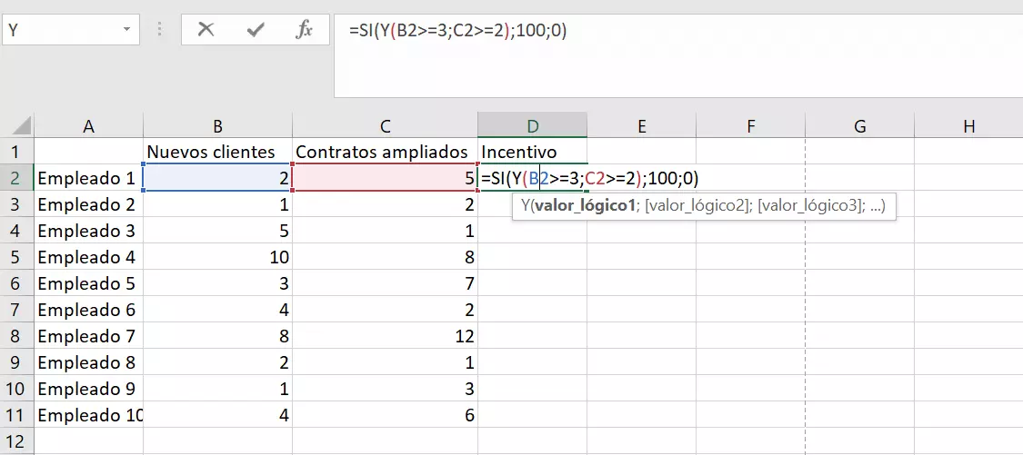 Imagen: Combinación de las funciones SI e Y en Excel.