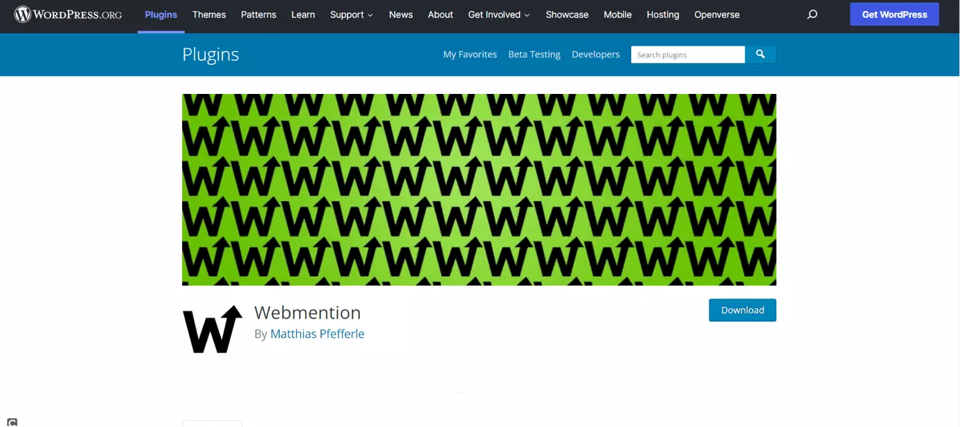 Imagen: Página de inicio del plugin de desarrollo Webmention