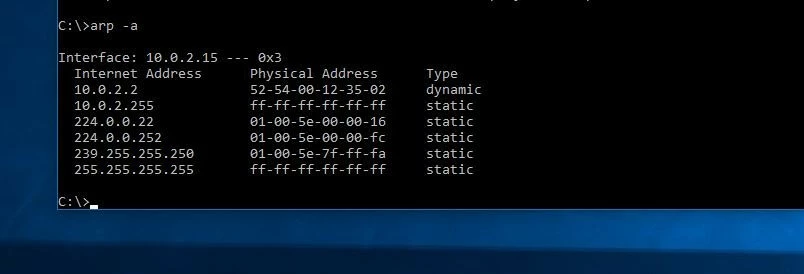 Imagen: Caché de ARP: listado de direcciones en el terminal de Windows