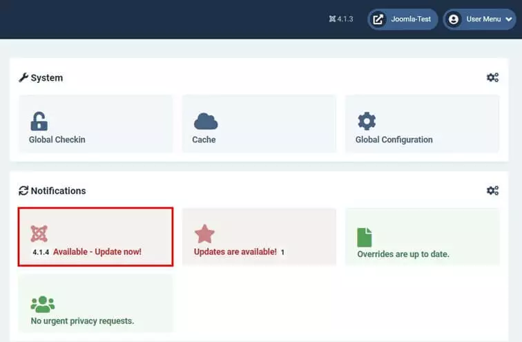 Imagen: Dashboard de Joomla: nueva versión disponible