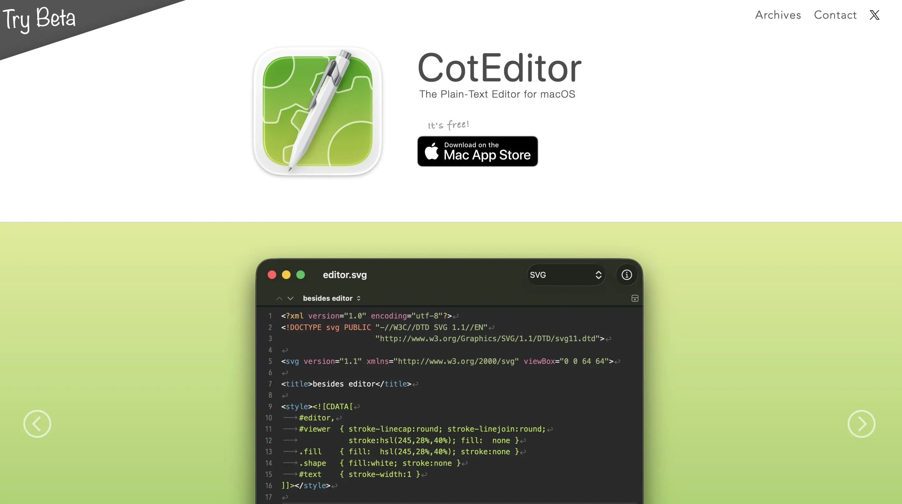 Imagen: Captura de pantalla de la página de inicio de CotEditor