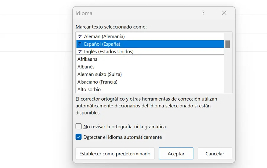 Imagen: Outlook: presentación de los idiomas del corrector ortográfico