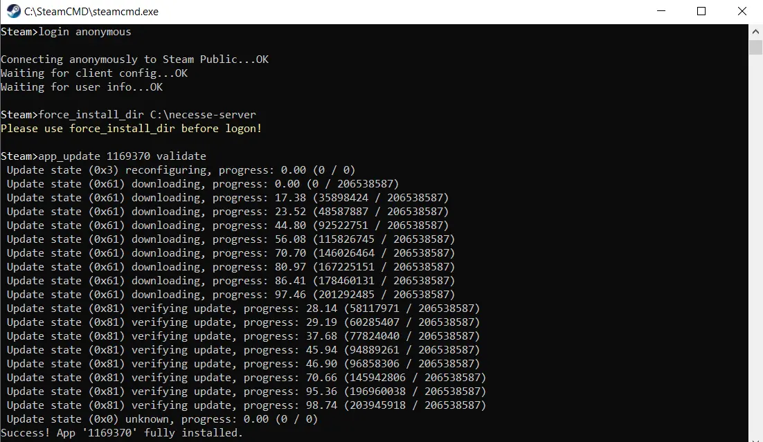 Instalación de un servidor dedicado de Necesse en SteamCMD“ Imagen: Instalación de un servidor dedicado de Necesse en SteamCMD“