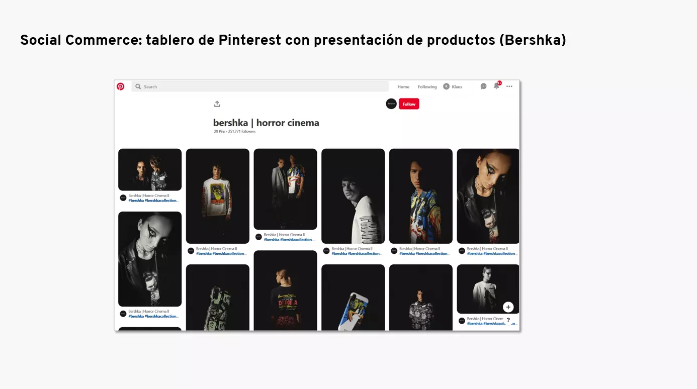 Imagen: Ejemplo de social commerce en el Pinterest de Bershka