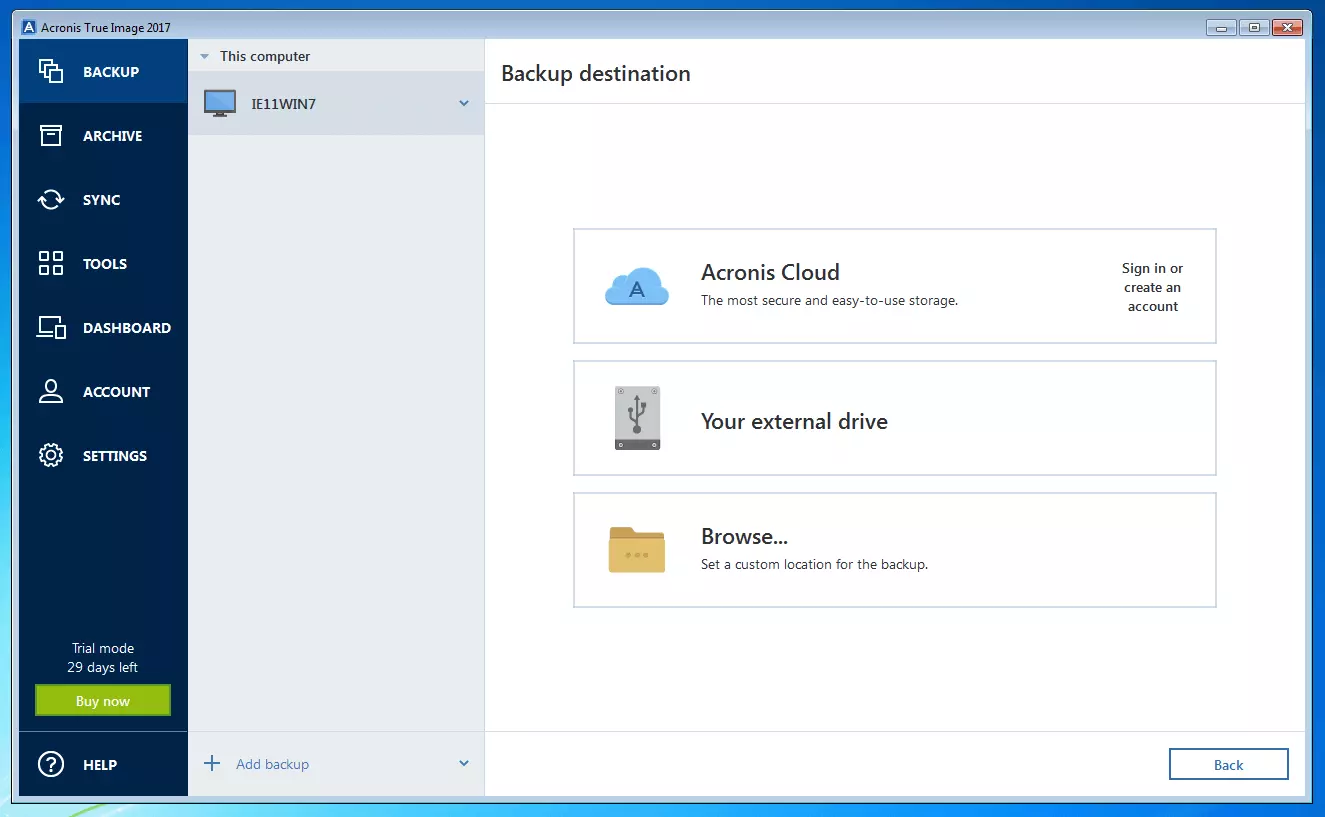 Imagen: Acronis True Image 2017: menú para seleccionar el método de almacenamiento