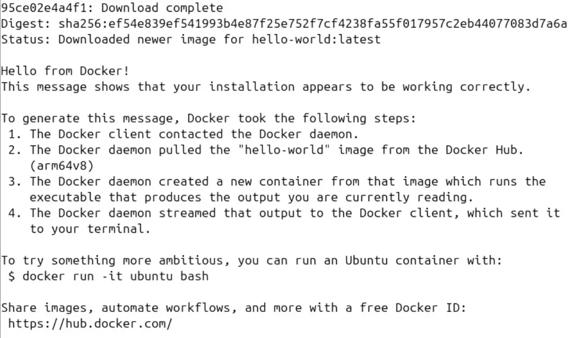 Captura de pantalla del contenedor Hello World de Docker Imagen: Captura de pantalla del contenedor Hello World de Docker