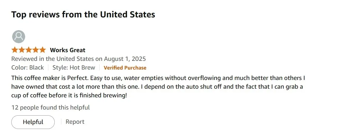 Imagen: Captura de pantalla de una rese&ntilde;a en Amazon sobre una cafetera BLACK+DECKER