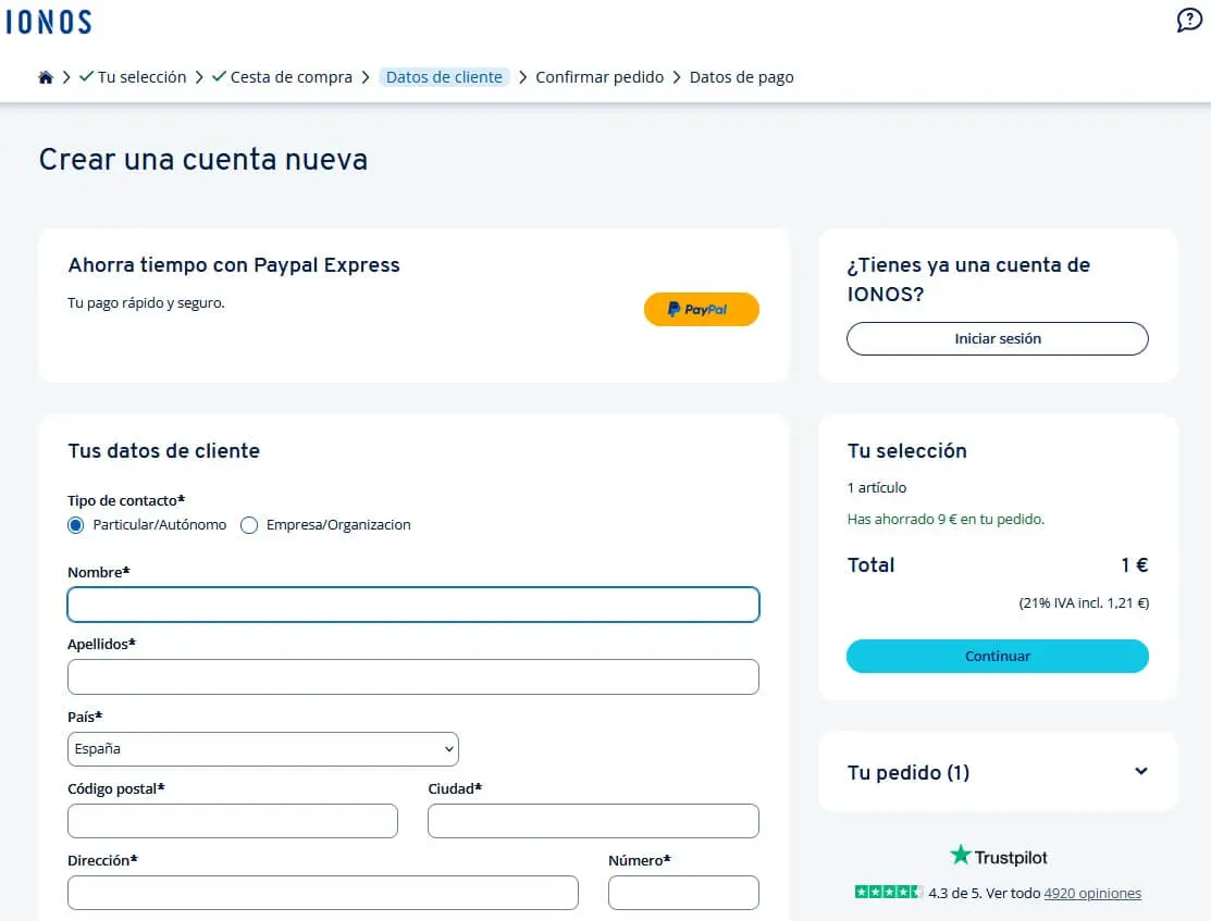 Imagen: Captura de pantalla del formulario para crear una cuenta en IONOS