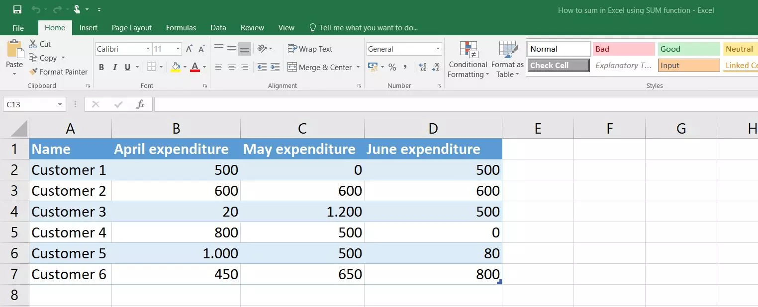 Imagen: Excel 2016: tabla con valores de ejemplo