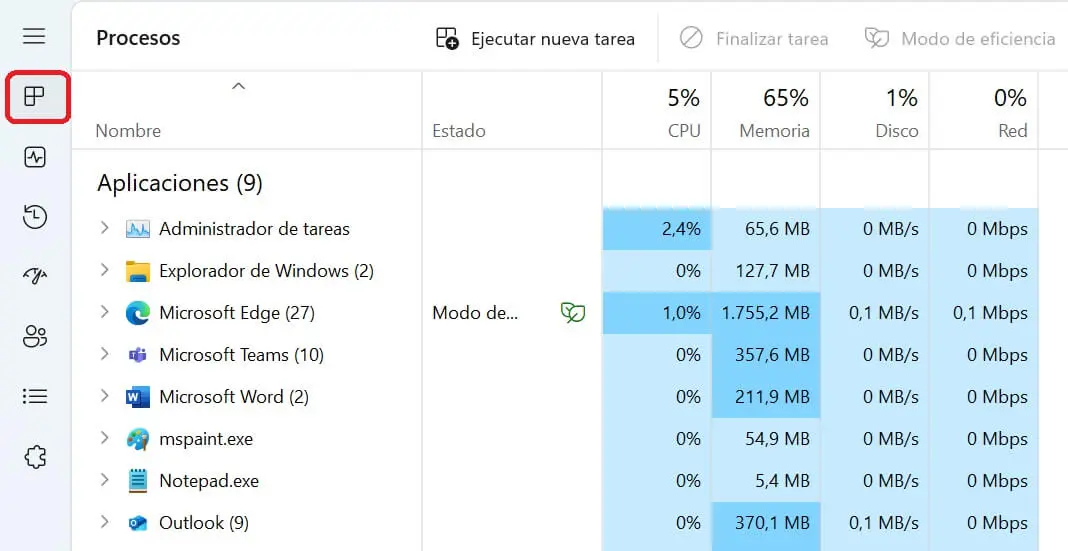 Listado de procesos activos en el Administrador de tareas de Windows Imagen: Listado de procesos activos en el Administrador de tareas de Windows