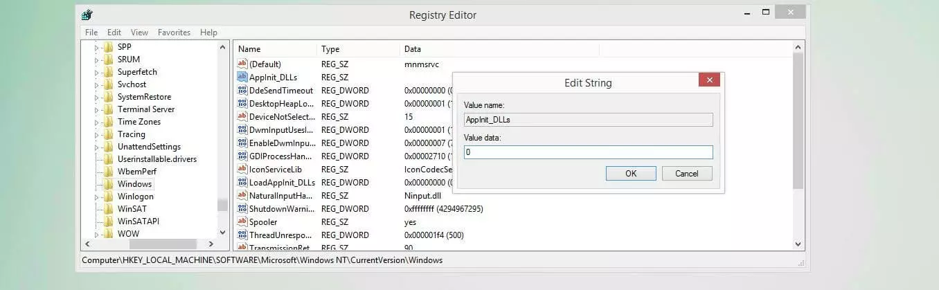 Imagen: Editor de registro: asignación de valor para la entrada «AppInit_DLLs»