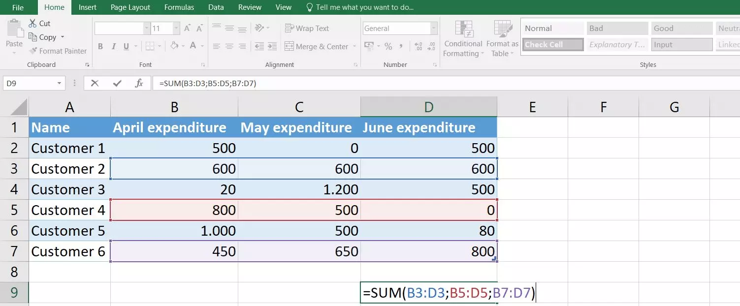 Imagen: Función SUMA de Excel: ejemplo con tres argumentos