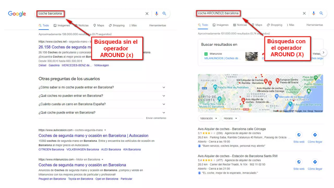 Imagen: Una búsqueda en Google con el operador booleano AROUND(X)
