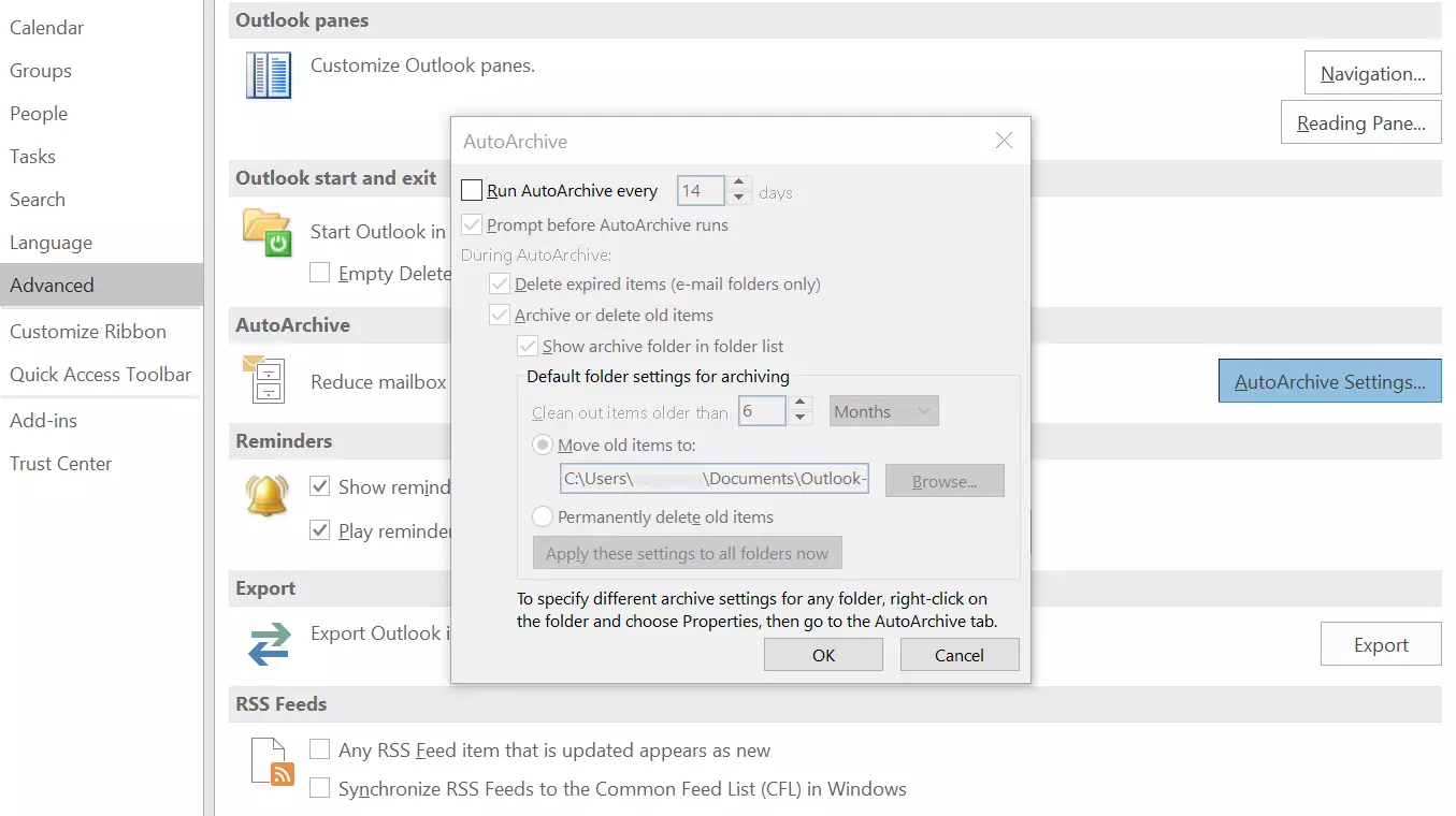 Microsoft Outlook 2016: menú de configuración de “Autoarchivar”