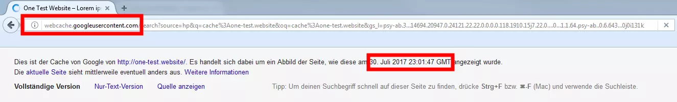 Aviso para una página web cargada desde el caché de Google