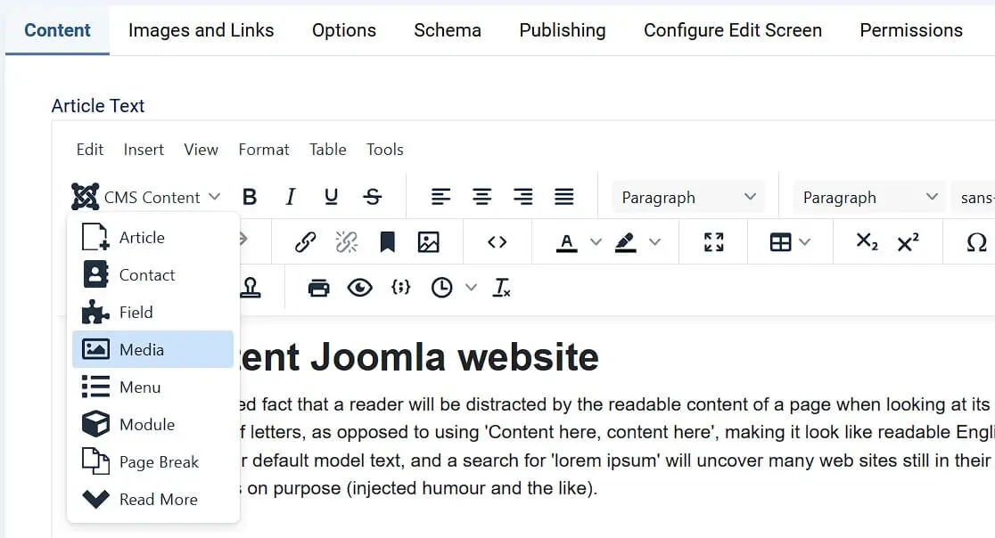 Imagen: Joomla: barra de men&uacute; del editor TinyMCE