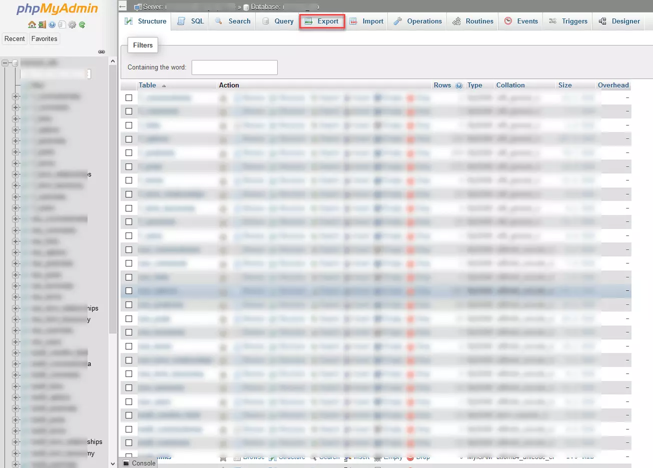 phpMyAdmin: lista de las bases de datos disponibles.