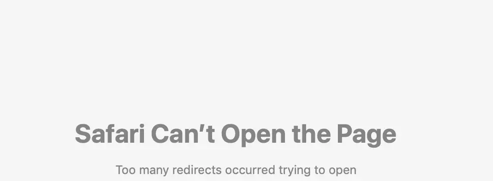 Captura de pantalla del aviso ERR_TOO_MANY_REDIRECTS en Safari