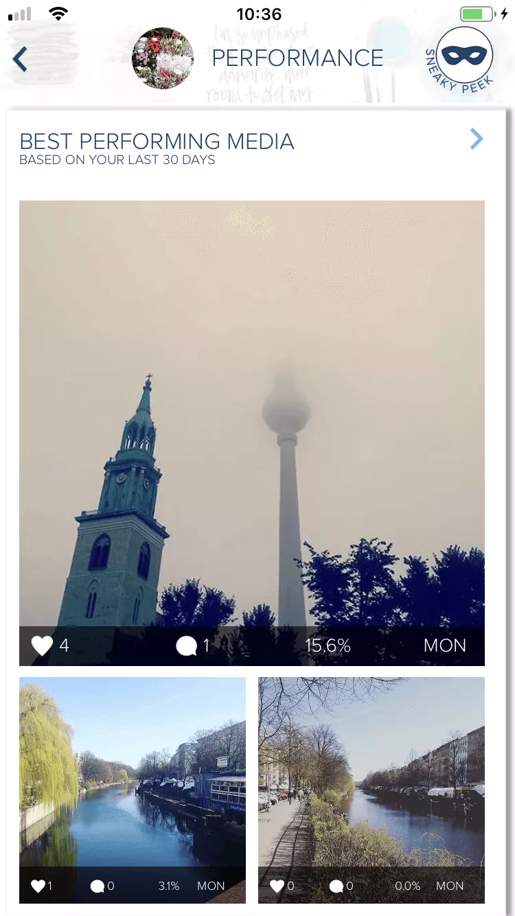 Imagen: Área con información sobre tu performance en la app de estadísticas de Instagram Plann