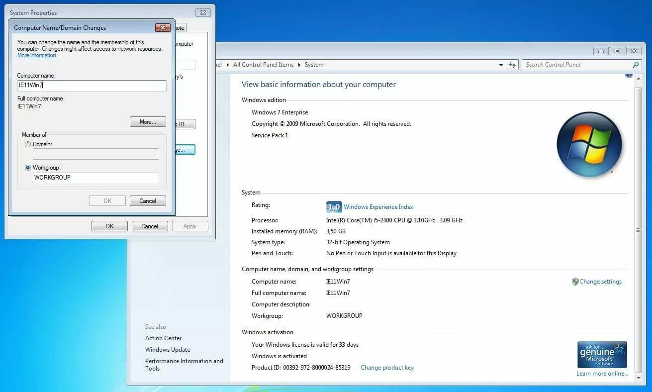 Imagen: Cambio de nombre de host en Windows 7 a través del menú "Sistema"
