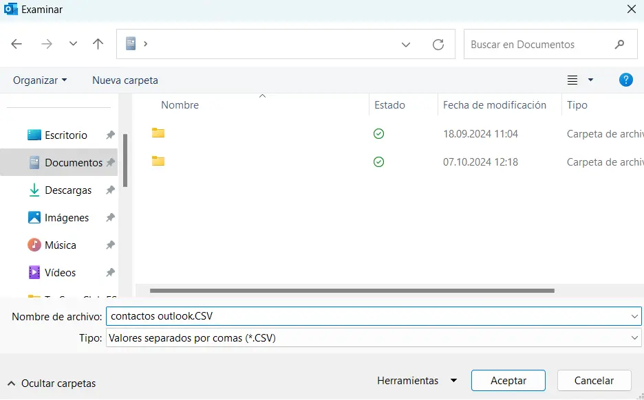 Imagen: Examinar carpeta de destino para el archivo en Outlook 365