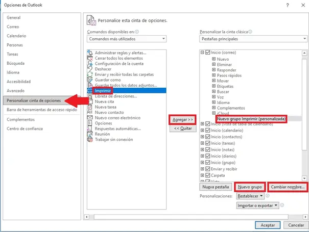 Ventana de las Opciones de Outlook con un submenú de dos columnas Imagen: Ventana de las Opciones de Outlook con un submenú de dos columnas