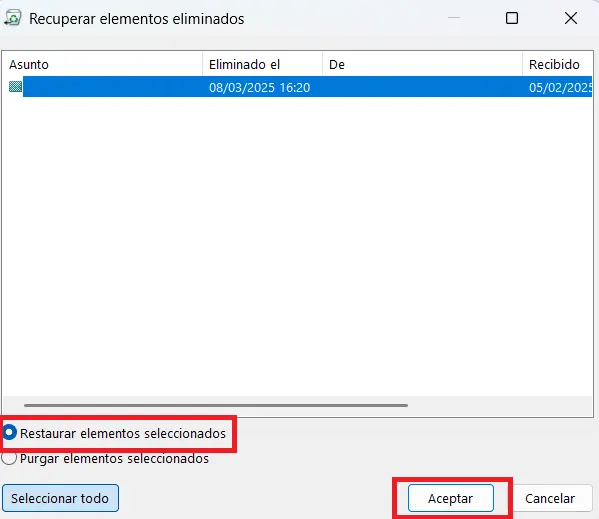 Lista de elementos eliminados de Outlook Imagen: Lista de elementos eliminados de Outlook