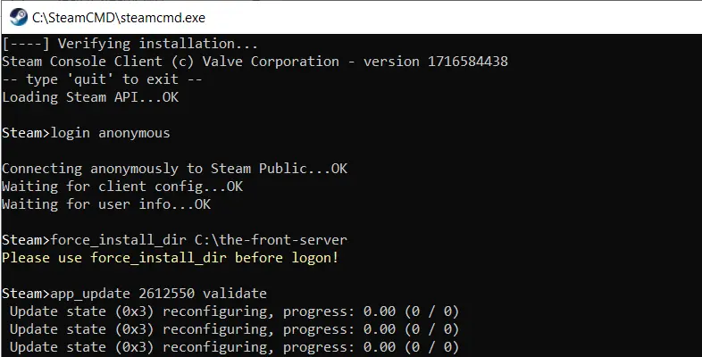 Instalación del servidor The Front (SteamCMD) Imagen: Instalación del servidor The Front (SteamCMD)
