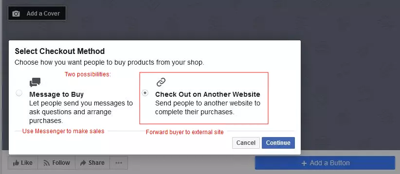 Imagen: Crea una tienda de Facebook: menú desde el que se selecciona el tipo de compra