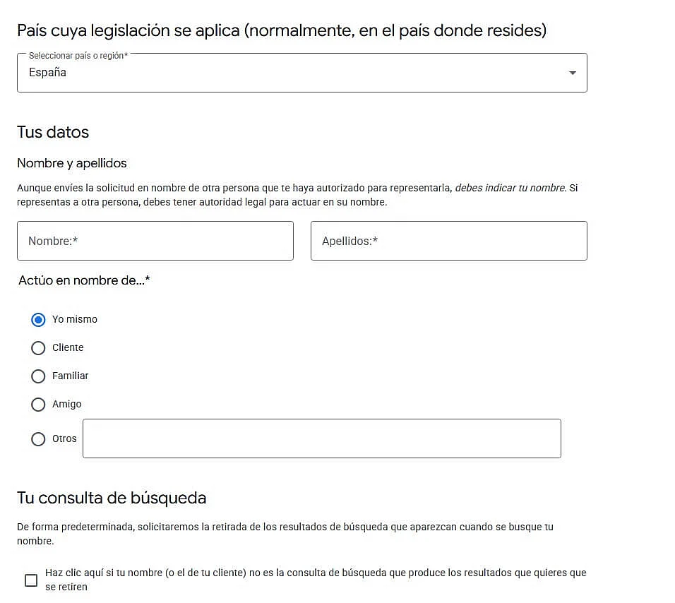 Formulario de Google para borrar datos personales Imagen: Formulario de Google para borrar datos personales