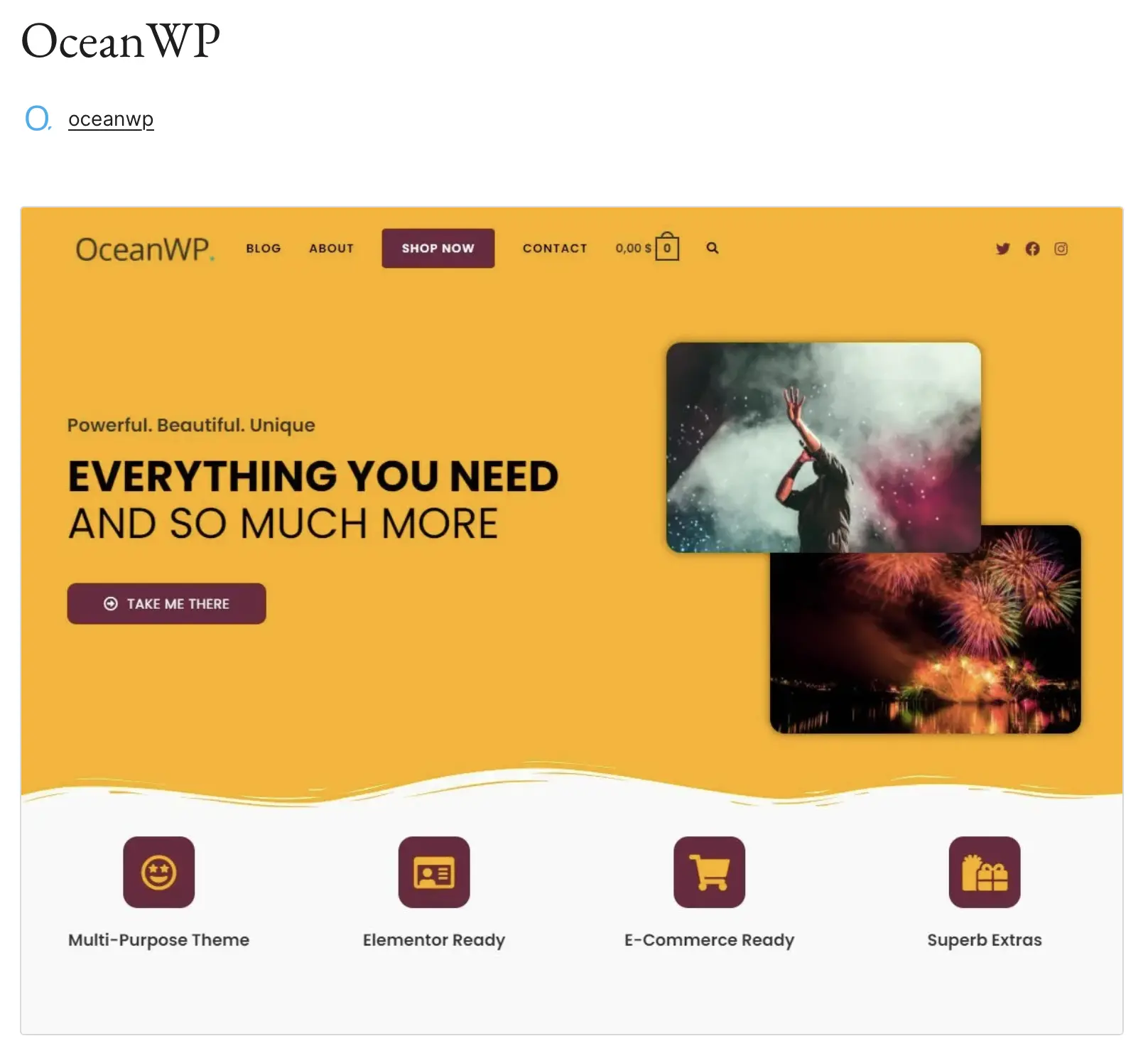 Imagen: Vista previa de la plantilla OceanWP de WordPress en WordPress.org