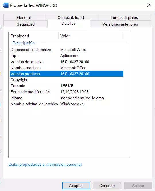 Propiedades del archivo WINWORD.EXE Propiedades del archivo WINWORD.EXE