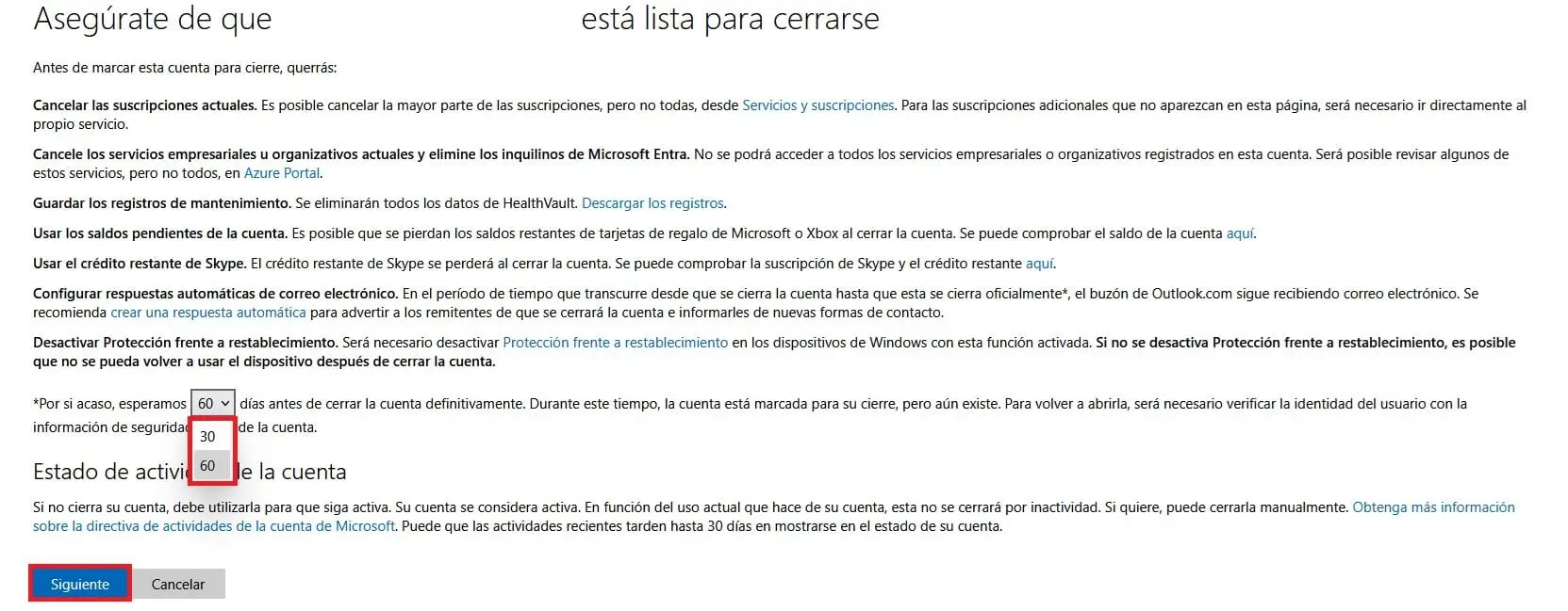 Imagen: Eliminar cuenta de Microsoft: informaci&oacute;n previa
