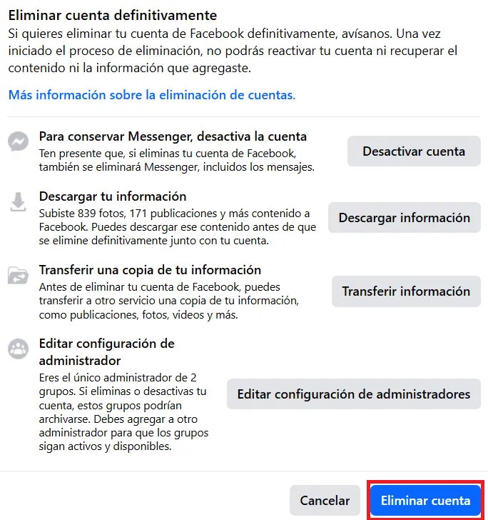 Imagen: Facebook: eliminar cuenta de forma permanente
