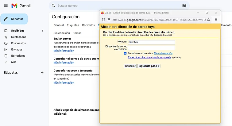 Imagen: Añadir una nueva dirección de correo electrónico a la cuenta de Gmail