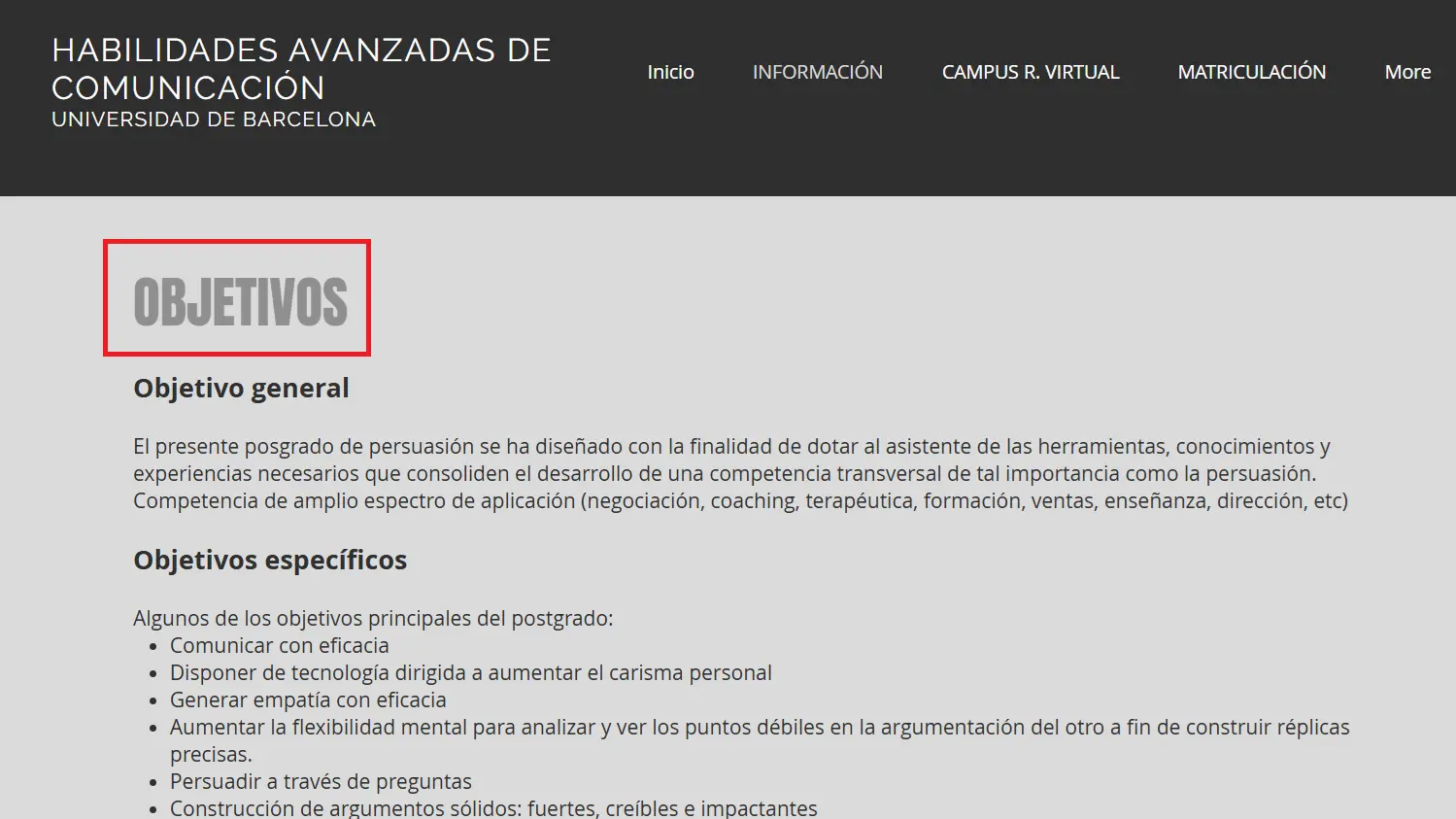 Captura de pantalla de los elementos de navegación de la Universidad de Barcelona Imagen: Captura de pantalla de los elementos de navegación de la Universidad de Barcelona