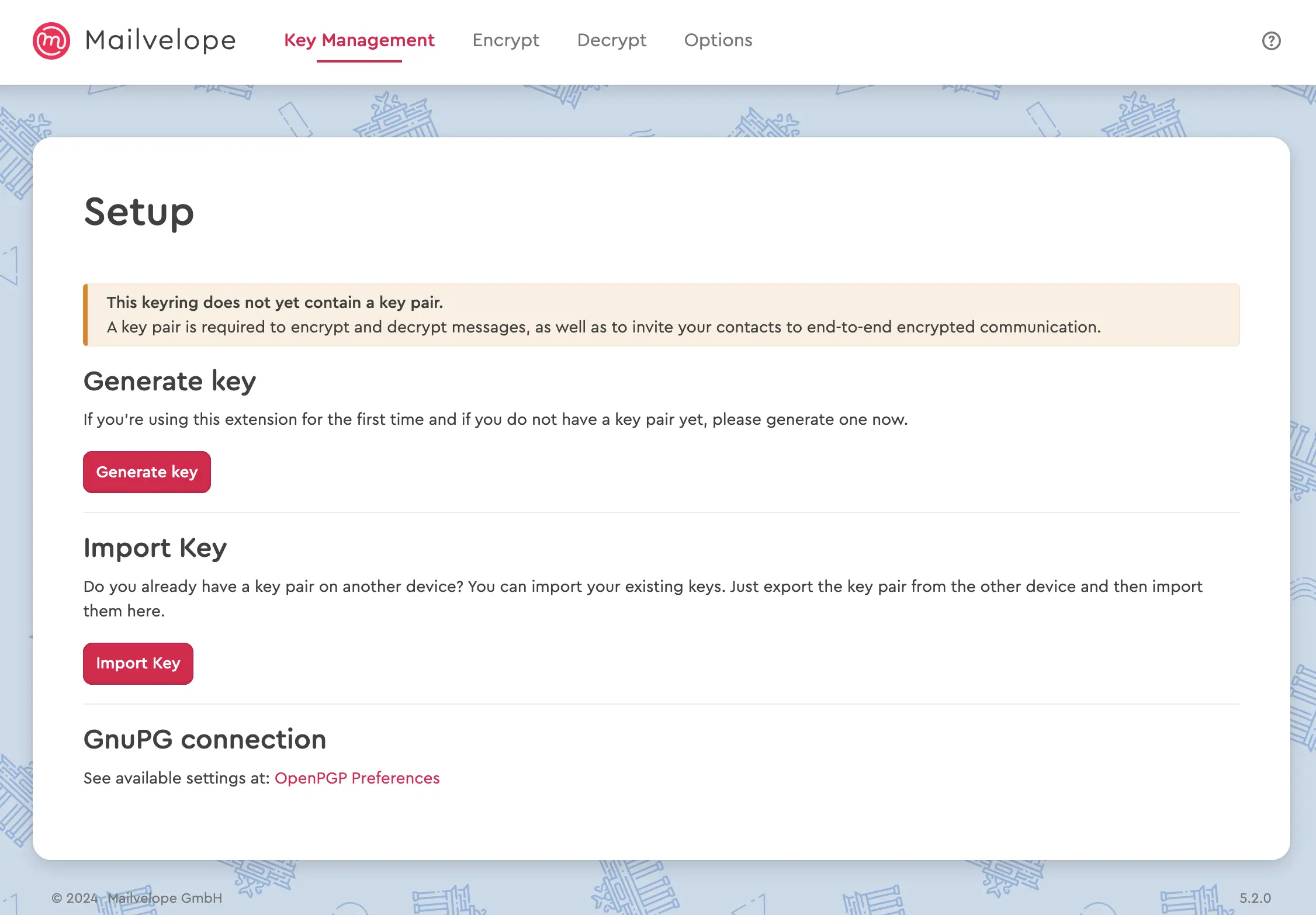Captura de pantalla de la interfaz de usuario de la extensión Mailvelope en el navegador de Firefox Imagen: Captura de pantalla de la interfaz de usuario de la extensión Mailvelope en el navegador de Firefox